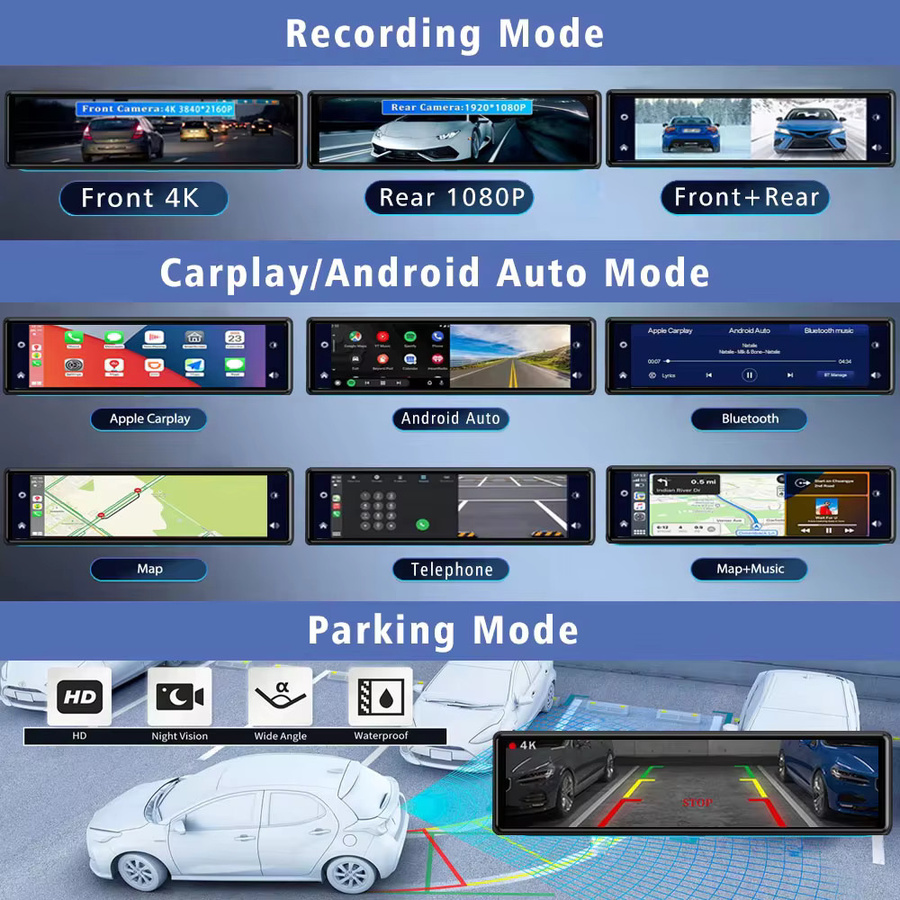 Maxtoss 11,26 Zoll 4K Dashcam mit Carplay und Android Auto, Dual Objektiv DVR mit Wifi, GPS, Bluetooth und FM-Transmitter, Schwarz - Bild 4