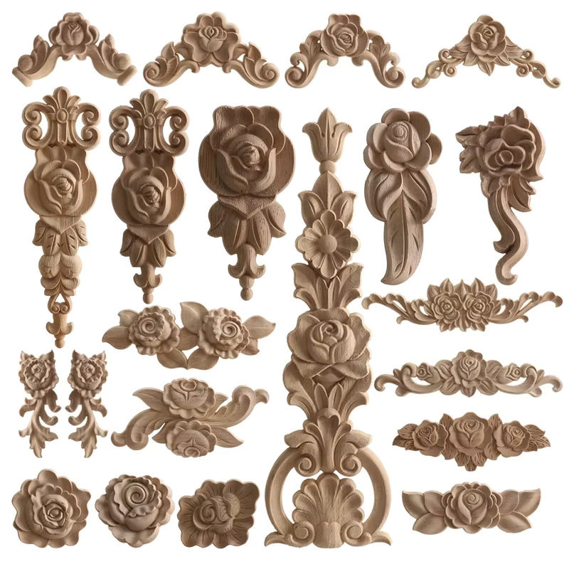 RUNBAZEF Holzrose als florale Dekoration im europäischen Stil, braun, geschnitzte Holzapplikation für Schranktüren und Fenster - Bild 3