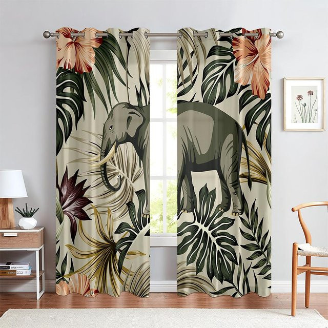 Tier-Fenstervorhänge im Cartoon-Stil für Kinderzimmer mit Tiger, Elefant und Giraffe, 2 Paneele, Mehrfarbig, B: 85 cm, H: 200 cm - Bild 1