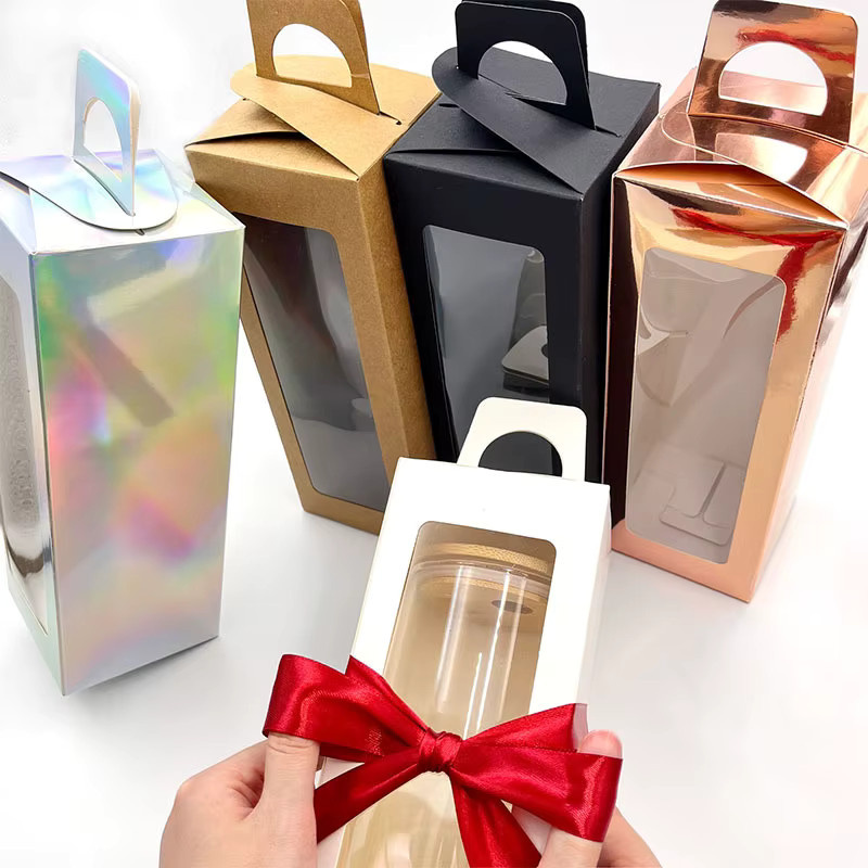 5er Set Kraftpapier Geschenkboxen in Braun mit 24 Yard Geschenkband für Tumbler und Glasbehälter - Bild 2