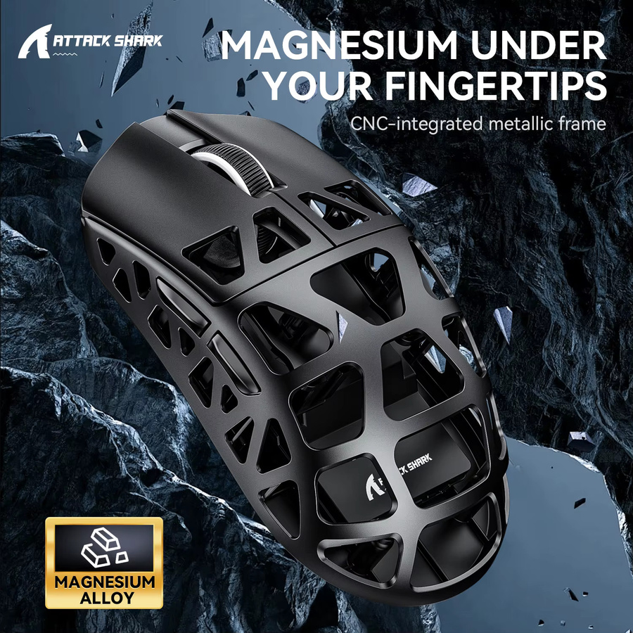 ATTACK SHARK R3 Gaming Maus aus Magnesiumlegierung in Schwarz mit PixArt PAW3395 Sensor, 26000 DPI, 8 kHz Polling Rate, 2,4 GHz, Bluetooth und kabelgebunden, 46 g superleicht für PC und Mac - Bild 3