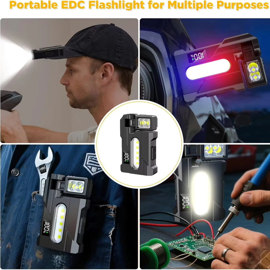 KDULIT COB+XPE Dual Light Taschenlampe mit 1200LM, verstellbarer Kopf, Magnet und Clip, wiederaufladbare USB-Mini-Arbeitsleuchte in Schwarz - Bild 6