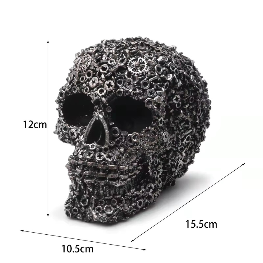 MINIDEAL Steampunk Schädel-Skulptur aus Harz in Grau mit Zahnrad- und Schrauben-Design als dekorative Wohnkultur-Statue - Bild 3