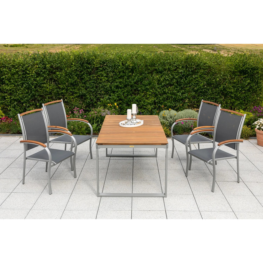 Merxx Gartenmöbelset Siena aus Aluminium, Akazienholz und Textil in Silber mit 6 Sitzplätzen und ausziehbarem Tisch - Bild 3