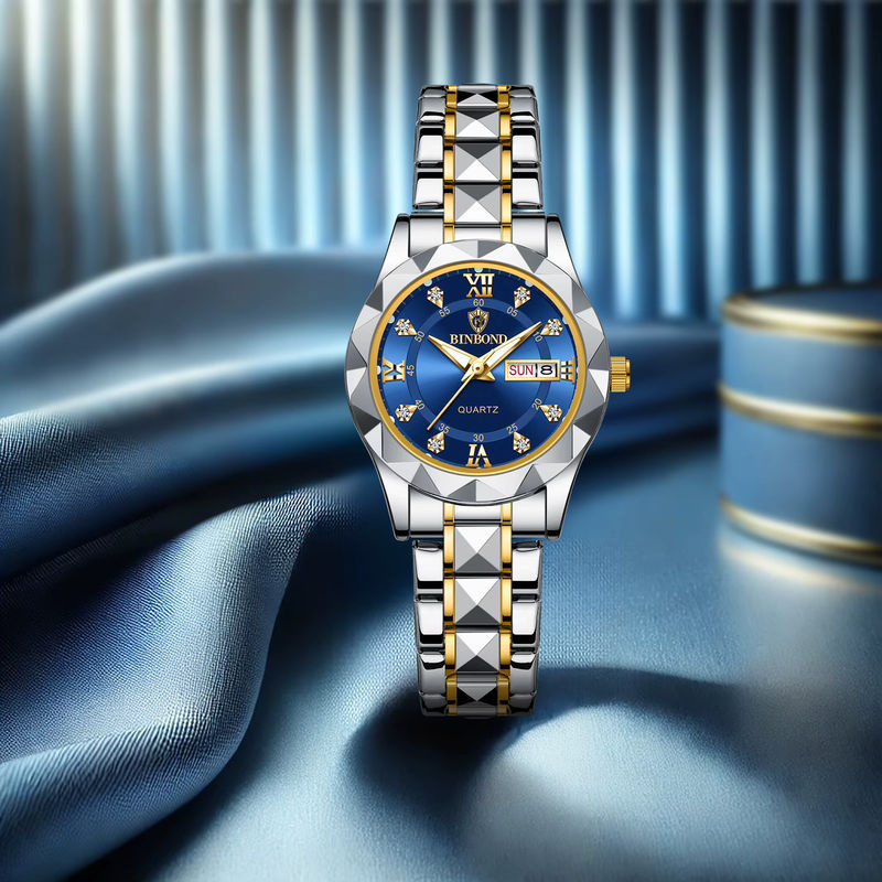 Elegante Quarzuhr für Damen in Gold und Blau mit Datumsanzeige und Nachtlicht aus Metall - Bild 4