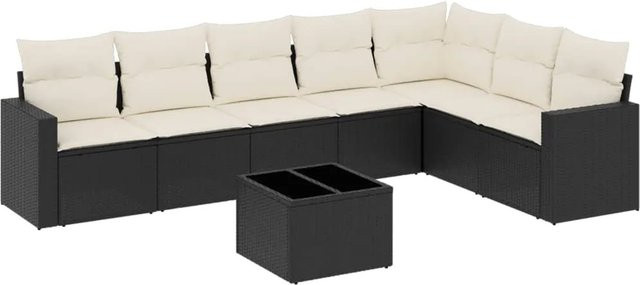 vidaXL 8-tlg Garten-Sofagarnitur in L-Form mit Kissen und Couchtisch, Schwarz/Weiß, Poly Rattan und Metallgestell - Bild 1