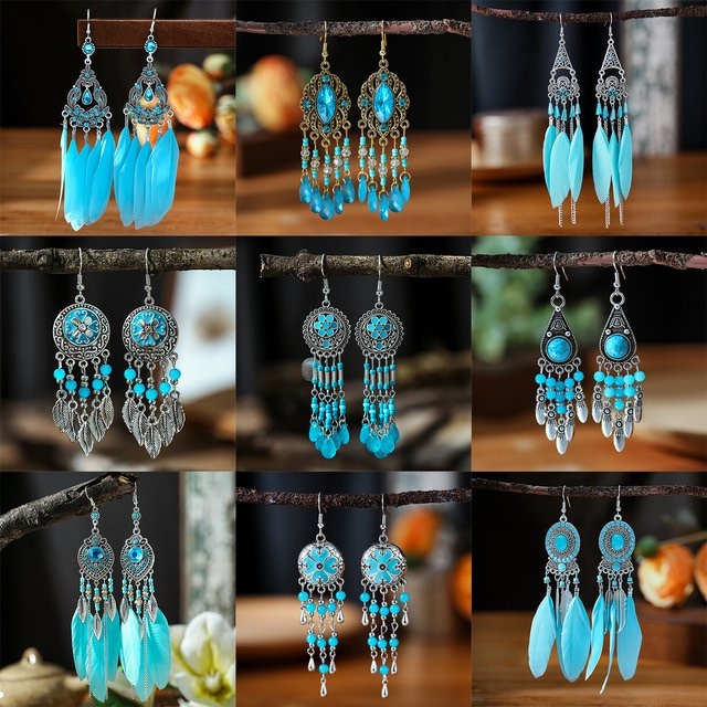 Euroufuya Ohrringe, Blau, Kristall, Boho, Damen - Bild 1