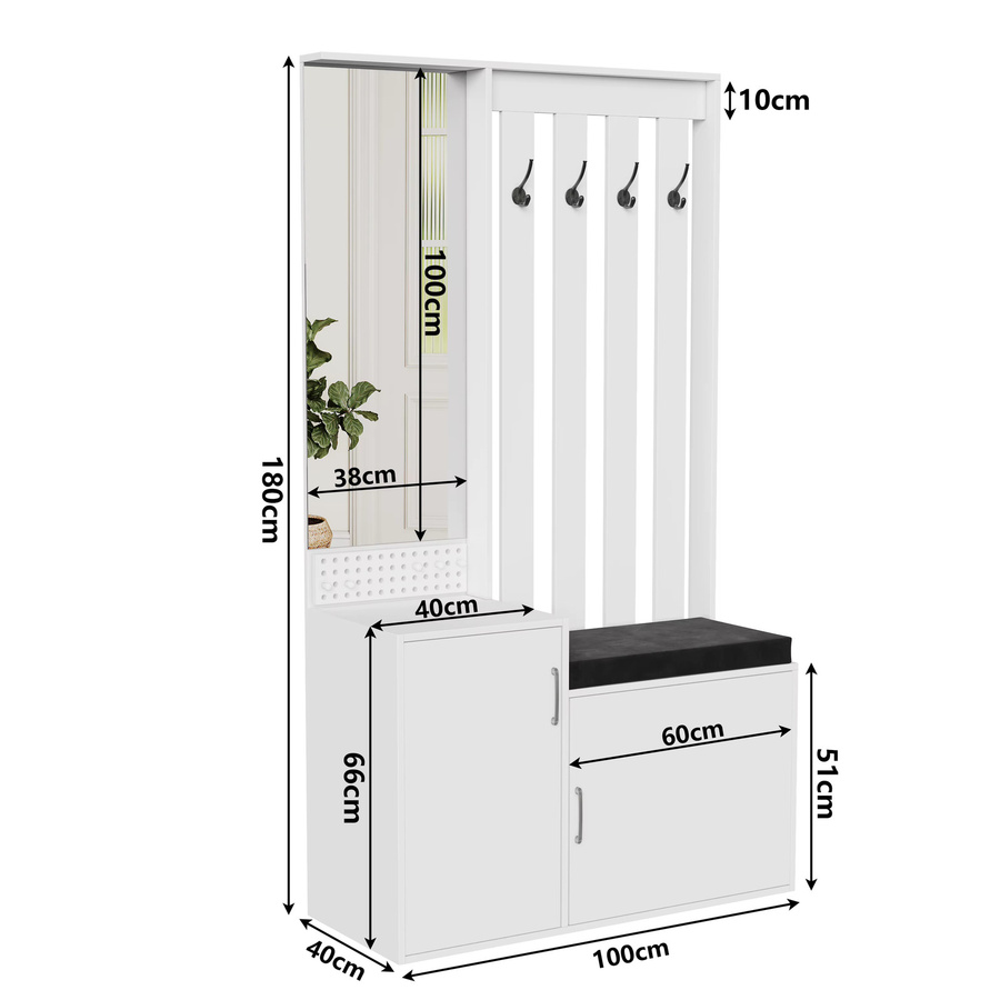 Anajqaqia 6-in-1 Garderobenset in Weiß, modernes Schuhschrank-Set mit Spiegeln, Schubladen, Schuhbank und Haken für den Eingangsbereich, B/T/H: 100 x 40 x 180 cm - Bild 2