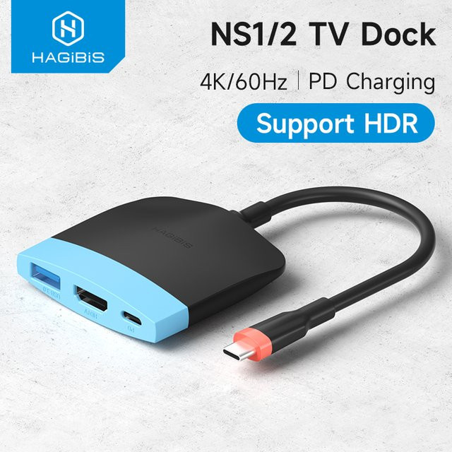Hagibis Tragbare USB-C TV-Dockingstation für Nintendo Switch 1/2/OLED und Macbook, 4K 60Hz HDMI, 100W PD und USB 3.0, Schwarz/Blau - Bild 1