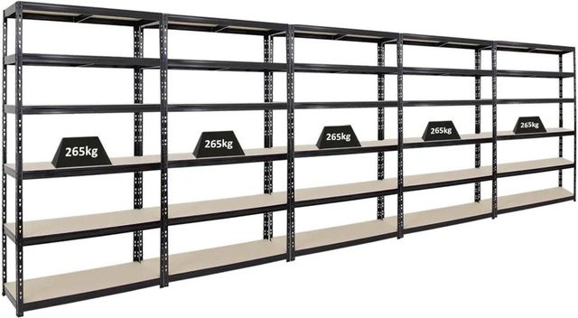 PROREGAL Schwerlastregal Giant Tiger XL, 5er Set, Schwarz, H x B x T: 220 x 120 x 40 cm, 6 Ebenen mit verstellbaren MDF-Holzplatten - Bild 1