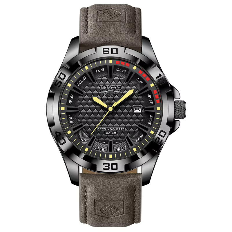 LIGE Armbanduhr Quarz, Leder, Schwarz, Orange, Datum, Wochentag, Herren - Bild 7