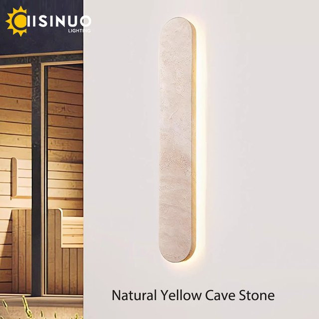 IISINUO LED Wandleuchte aus gelbem Travertin-Naturstein im Wabi-Sabi-Stil, wasserdichte lineare Außenlampe in Beige und Gelb für Garten und Außenbereich - Bild 1
