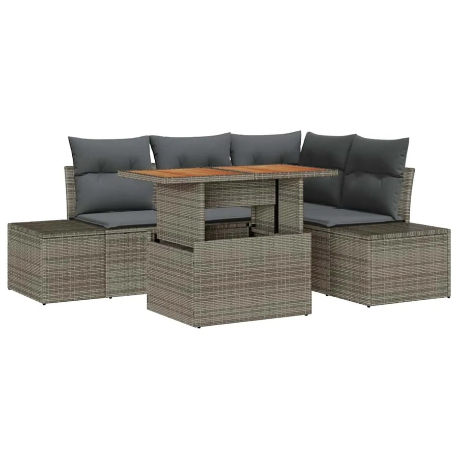vidaXL Garten-Sofa-Set aus Poly Rattan in Grau mit 5 Teilen, Ecksofa, Mittelsofa, zwei Seitensofas, Gartentisch und integriertem Kissen-Speicher - Bild 2
