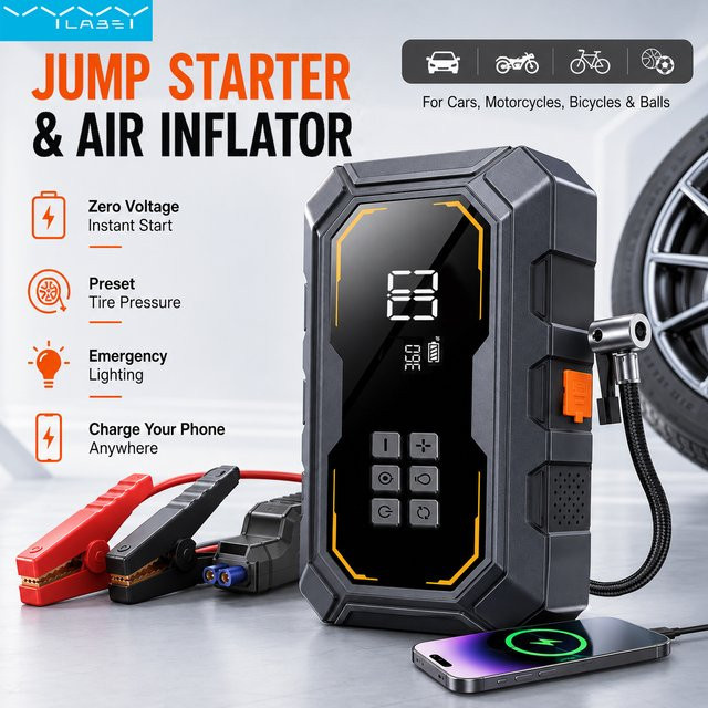 Vyvylabs Auto-Starthilfe mit 1000A Spitzenstrom und 150PSI Luftkompressor-Pumpe, Tragbarer Batterie-Booster und Powerbank mit LED-Licht für Auto und SUV - Bild 1