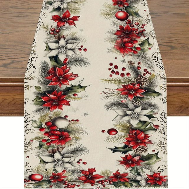 JINGYUE Pet Weihnachts-Tischläufer aus Leinen mit Weihnachtsstern und Stechpalmen-Motiv, Mehrfarbig, B/T: 150 x 33 cm - Bild 1
