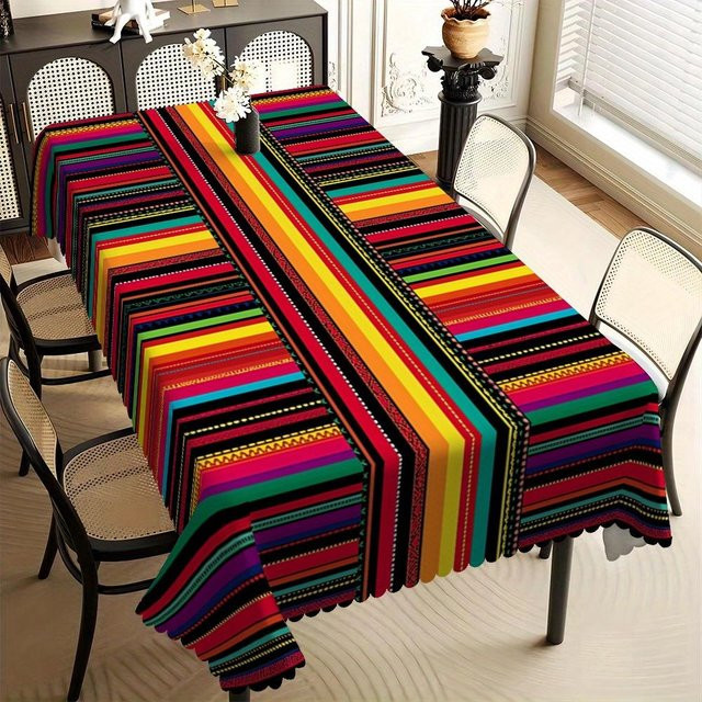 Mexikanische Tischdecke mit buntem Streifenmuster von Fancy Style Studio, wasserabweisend und waschbar, B/T: 140 x 140 cm - Bild 1