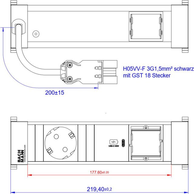 Bachmann Power Frame Steckdosenleiste Small ALU in Schwarz mit 1x Schutzkontaktsteckdose, 1x USB-C 30W Charger und 1x leerem Custom Modul, Zuleitung 0,2m mit GST18 Stecker - Bild 1