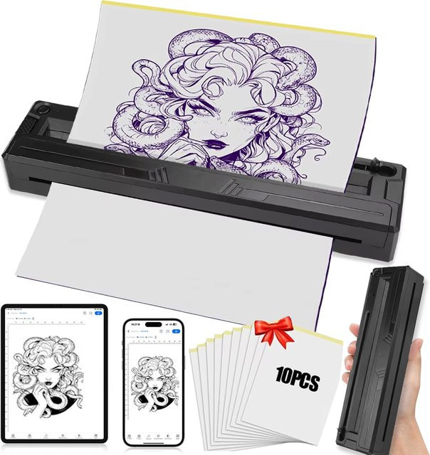 YUELONG Drahtloser Bluetooth Tattoo-Drucker, tragbare Thermotransfermaschine für Schablonen inklusive 10 Transferpapier in Schwarz - Bild 1