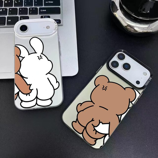 Pinch Bear Rabbit Handyhülle für iPhone 12 bis iPhone 17 Pro Max, Matte Laser Aurora Design, stoßfest, Weiß/Mehrfarbig - Bild 1