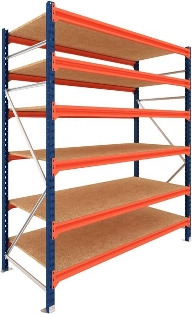 PROREGAL Schwerlastregal DOMINUS Weitspannregal mit 6 Ebenen und Spanplatten-Fachböden, Blau/Orange, B: 250 cm, H: 195 cm, T: 60 cm - Bild 1