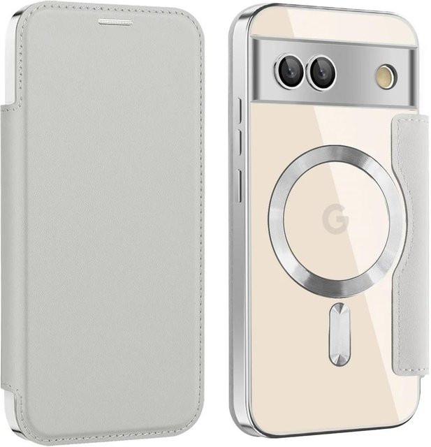 Luxus Leder Flip-Hülle mit Kartenhalter und Magnet für Google Pixel 8A in Beige und Transparent - Bild 1