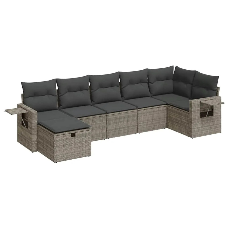 vidaXL 7-teilige Garten-Sofagarnitur in L-Form mit Kissen und Ottoman, Grau, Poly Rattan und Metallrahmen - Bild 2