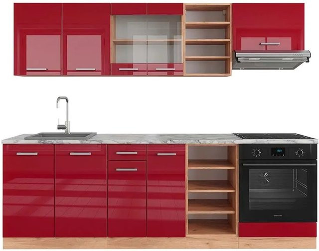 Vicco R-Line Küchenzeile Bordeaux Hochglanz und Goldkraft Eiche mit Marmor-Optik, Breite: 240 cm - Bild 1
