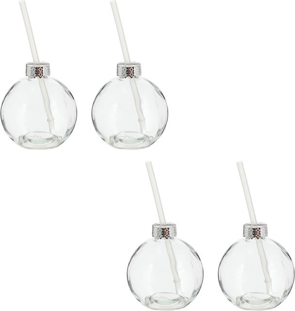 Novaliv 4er Set Glühwein Tassen mit Trinkhalm, Personalisierte Weihnachtstassen im Christbaumkugel Design, Transparent, 400 ml pro Tasse - Bild 1