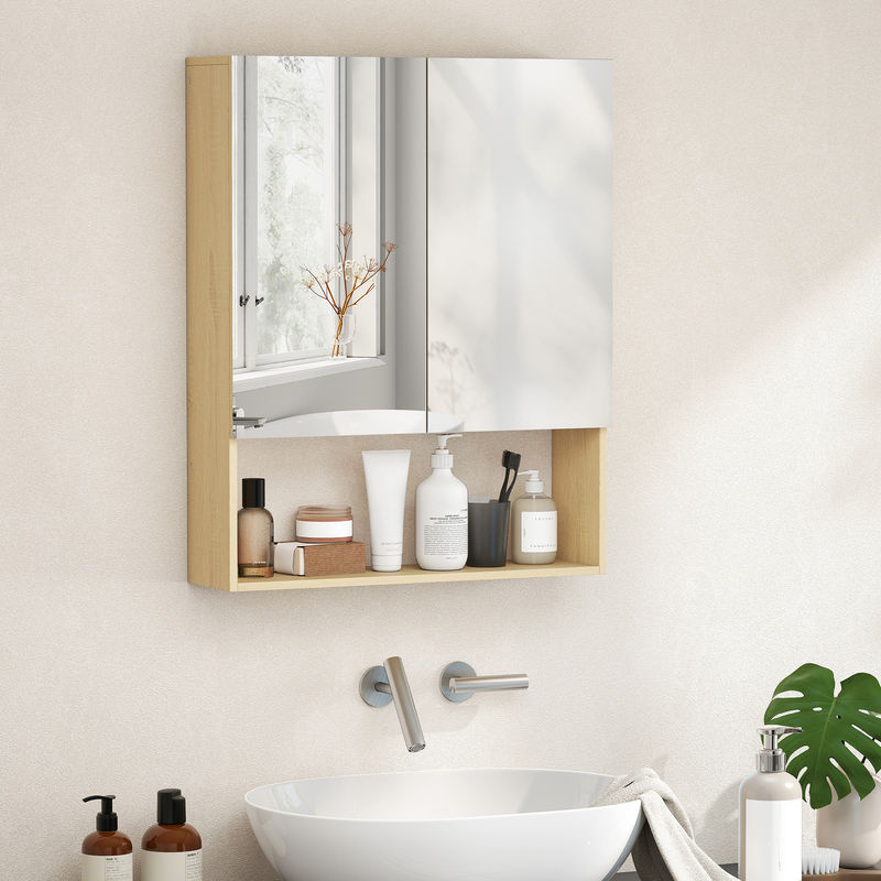 HOMCOM Spiegelschrank Bad in Eiche, Badezimmerschrank mit 2 Türen, Soft-Close und verstellbaren Regalen, Wandschrank in nordischem Stil, B: 60 cm, T: 16,6 cm, H: 75 cm - Bild 2