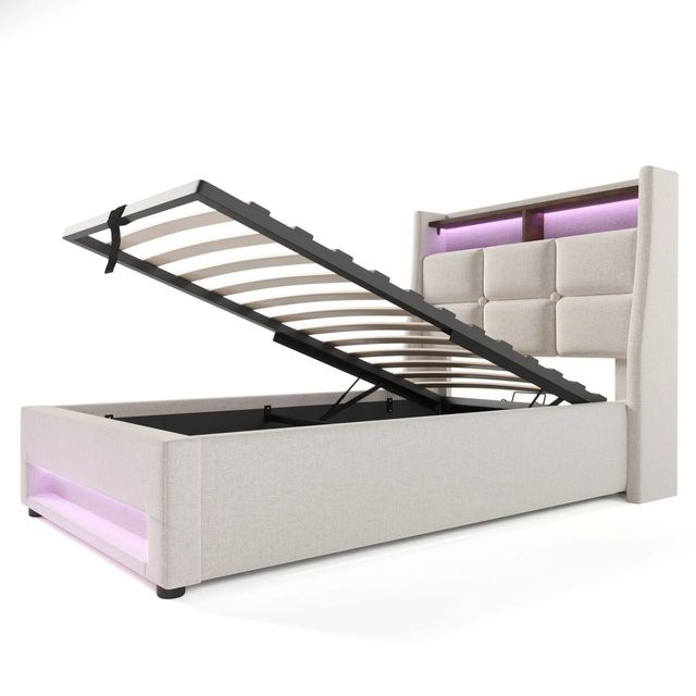 Merax Polsterbett mit LED-Unterbettbeleuchtung und USB-Anschluss in Beige, B/T/H: 90 x 200 x 117 cm - Bild 1