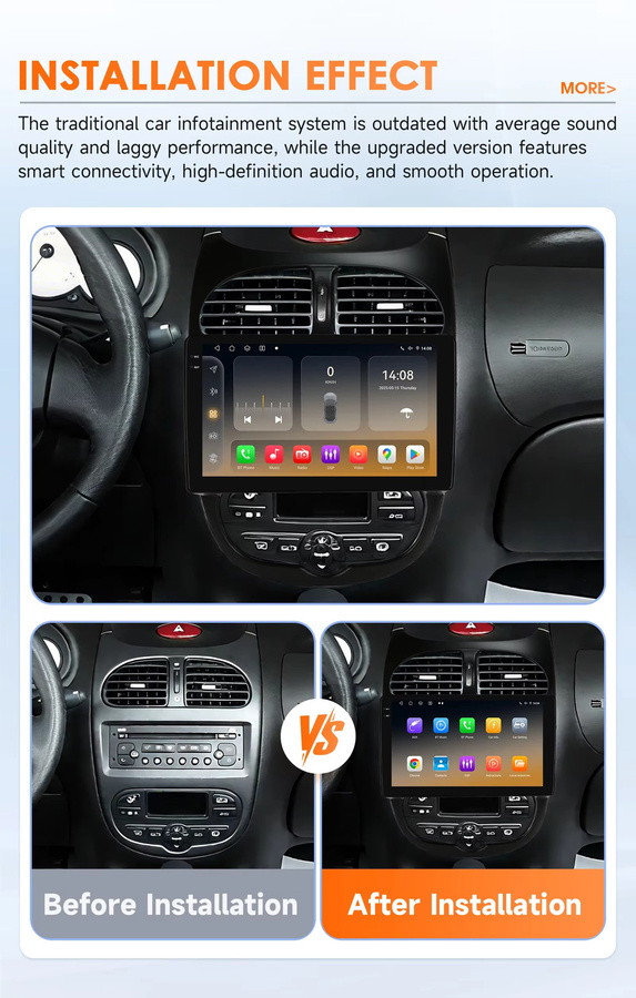 Hizpo 2Din 9 Zoll Android 14 Autoradio für Peugeot 206 206SW 206CC (2001–2008) mit Snapdragon 6115, CarPlay, 4G, Bluetooth, GPS und 360 Grad Kamera in Schwarz - Bild 2