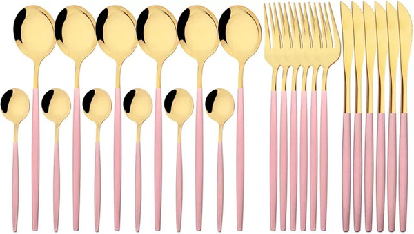 Uniturcky Besteckset aus Edelstahl in Rosa Gold, 24-teiliges Set bestehend aus Messern, Gabeln und Löffeln, poliert