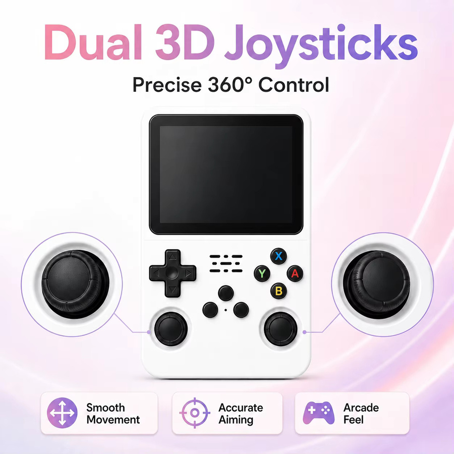ARKOS Retro Handheld-Spielkonsole mit 3,5 Zoll IPS-Display, Linux tragbarer Taschen-Player in Purple und White mit 3D-Joysticks - Bild 2