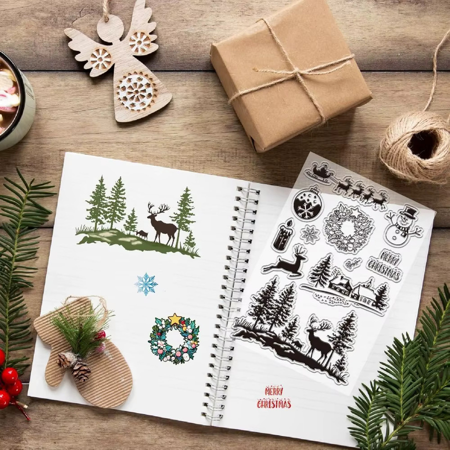 Transparente Gummistempel Set für Weihnachten mit Motiven wie Weihnachtsbäumen, Kränzen, Schneeflocken, Schneemännern und Elchen aus wiederverwendbarem Silikon - Bild 4