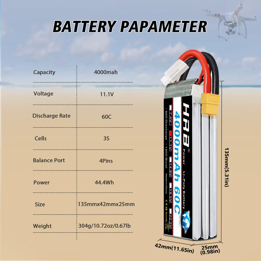 HRB 3S 4000mah Lipo Batterie, 11,1V, 60C, mit XT60 Stecker - Bild 2