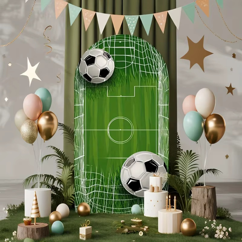 VIKAMA Fußball-Party-Hintergrund mit grünem Fußballfeld und Fußbällen als Sportthema-Dekoration für Kindergeburtstage, B: 50 cm, H: 50 cm, T: 50 cm - Bild 2