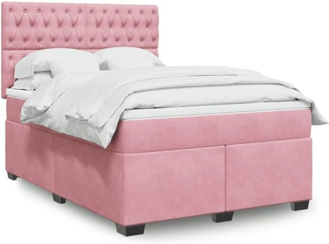 Vidaxl Boxspringbett mit Matratze aus Samt in Rosa und Weiß, B/T/H: 140 x 190 cm - Bild 1