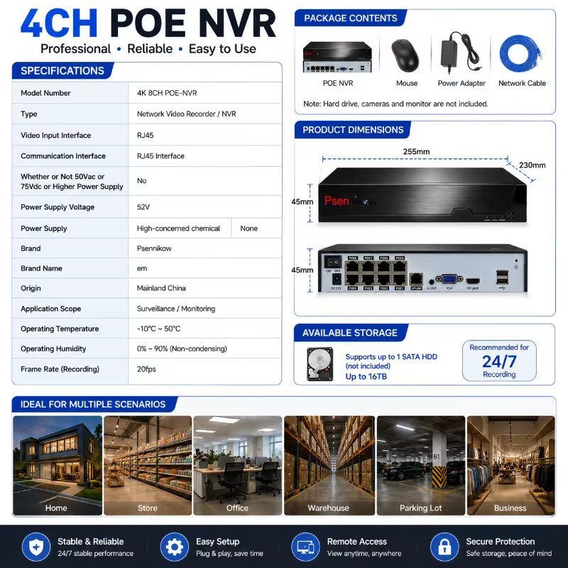 Psennikow Tuya NVR Smart PoE 8MP Sicherheits-IP-Kamera Videoüberwachungs-CCTV-System in Schwarz - Bild 4