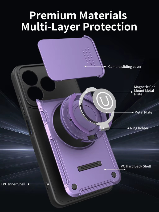 Magnetische Handyhülle für ZTE Blade V60 Design A56 A55 A36 A35 Axon 60 mit 360° Autohalterung, Ring-Kickstand und Kameraschutz in Lila - Bild 4