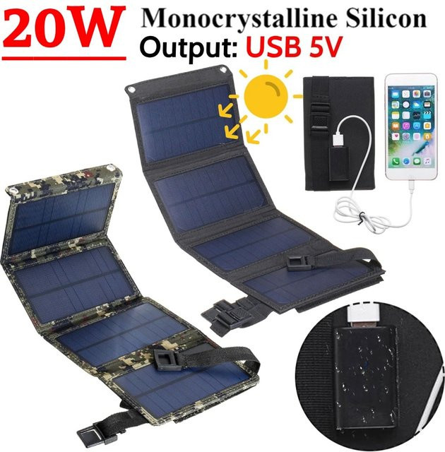 SNQP Faltbares Solarpanel-Set 20 W, IP65 wasserdicht, Solarladegerät mit USB 5 V Ausgang in Schwarz - Bild 1