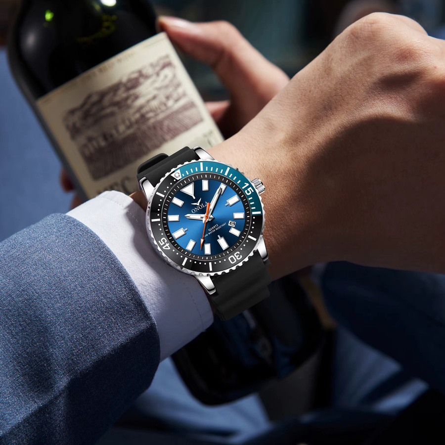 ONOLA Armbanduhr, Quarz, Leder, Edelstahl, Blau, Herren - Bild 1