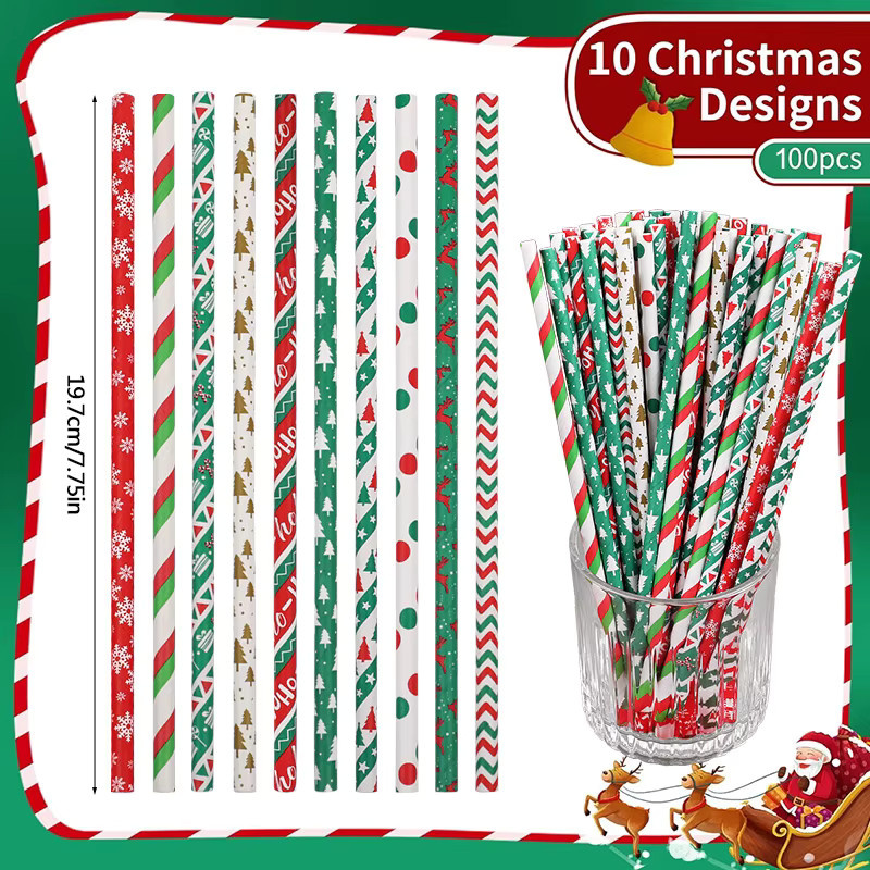 ZQNYCY 100 Stück Einweg Papier Strohhalme für Weihnachten und Neujahr, bunt gemischt - Bild 1
