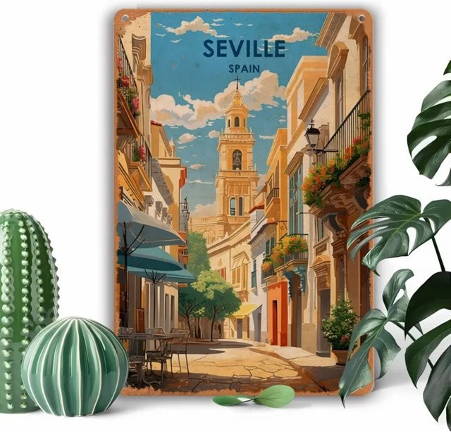 SpainLandscapeCo Vintage Metallschild Seville Spain Landschaftskunst, B/H: 30 x 20 cm, Mehrfarbig - Bild 1