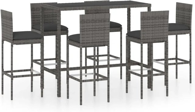 vidaXL 7-tlg Gartenbar-Set aus Poly-Rattan in Grau/Anthrazit mit Kissen und Glastisch - Bild 1