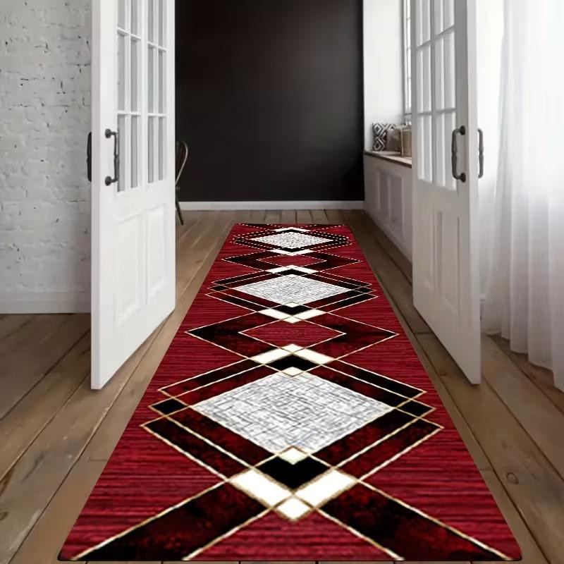 Moderner Läufer Lodestar mit geometrischem Rautenmuster in Rot, Schwarz und Weiß sowie goldener Bordüre, B/T: 40 x 120 cm - Bild 1