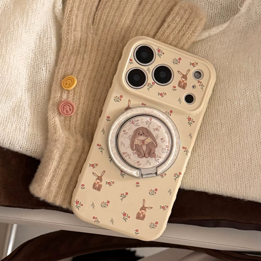 Beige Handyhülle mit niedlichem Kaninchen und rotem Blumenmuster für Apple iPhone 17 16 15 14 13 Pro Max inklusive Magnethalter mit Hängeohren - Bild 2