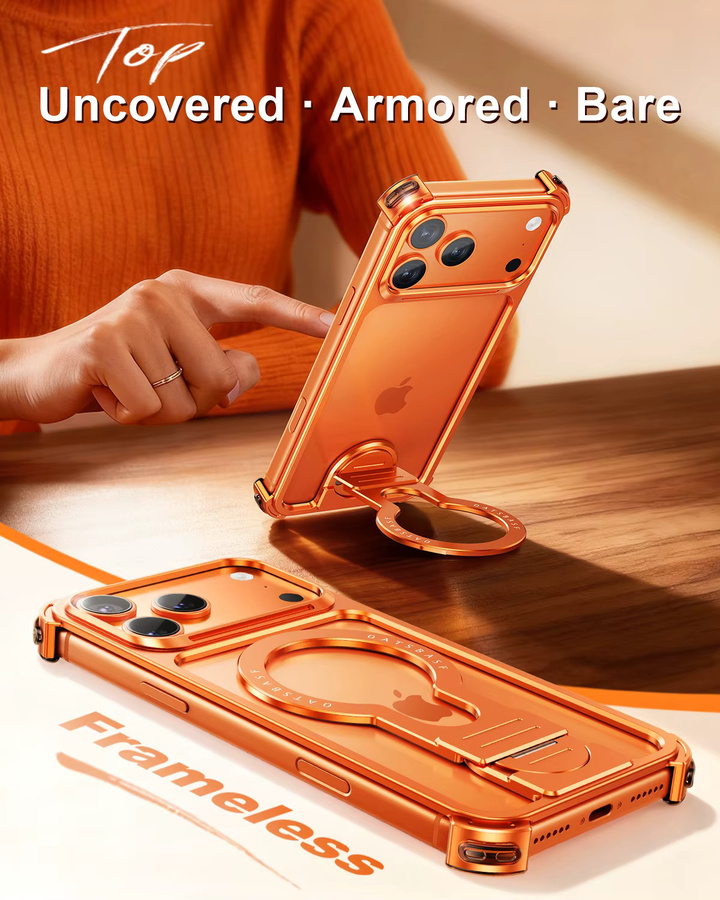 Eary Magnetische Handyhülle für iPhone 17 Pro Max und 17 Pro mit faltbarem Ständer für MagSafe kabelloses Laden, rahmenlose schlanke Bumper-Hülle in Orange - Bild 2