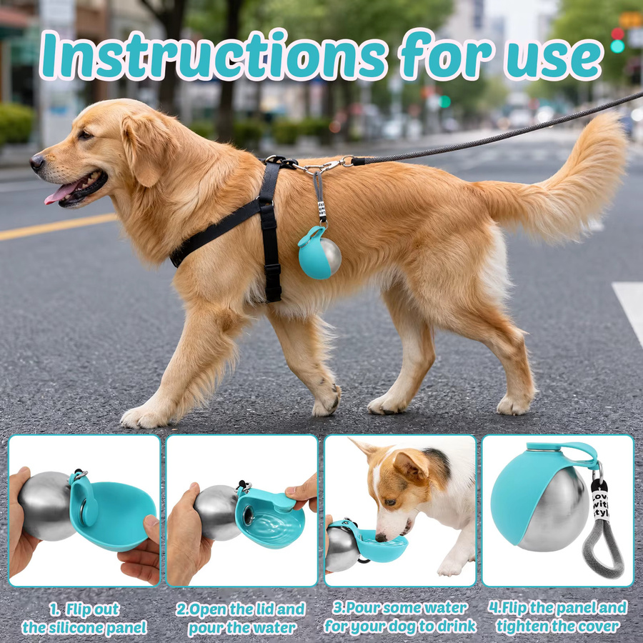 Willstar Hunde-Wasserflasche aus Edelstahl in Blau mit Silikonschüssel, 294 ml, auslaufsicherer tragbarer Welpen-Wasserspender - Bild 5