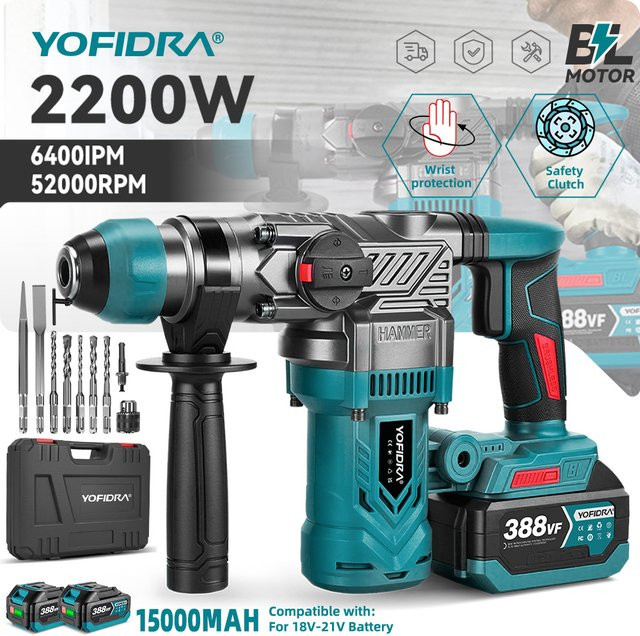YOFIDRA Bürstenloser Akku-Schlagbohrer mit 26 mm Bohreraufnahme, multifunktionaler Elektrohammer und Akku-Schrauber für Makita LXT Akkus - Bild 1