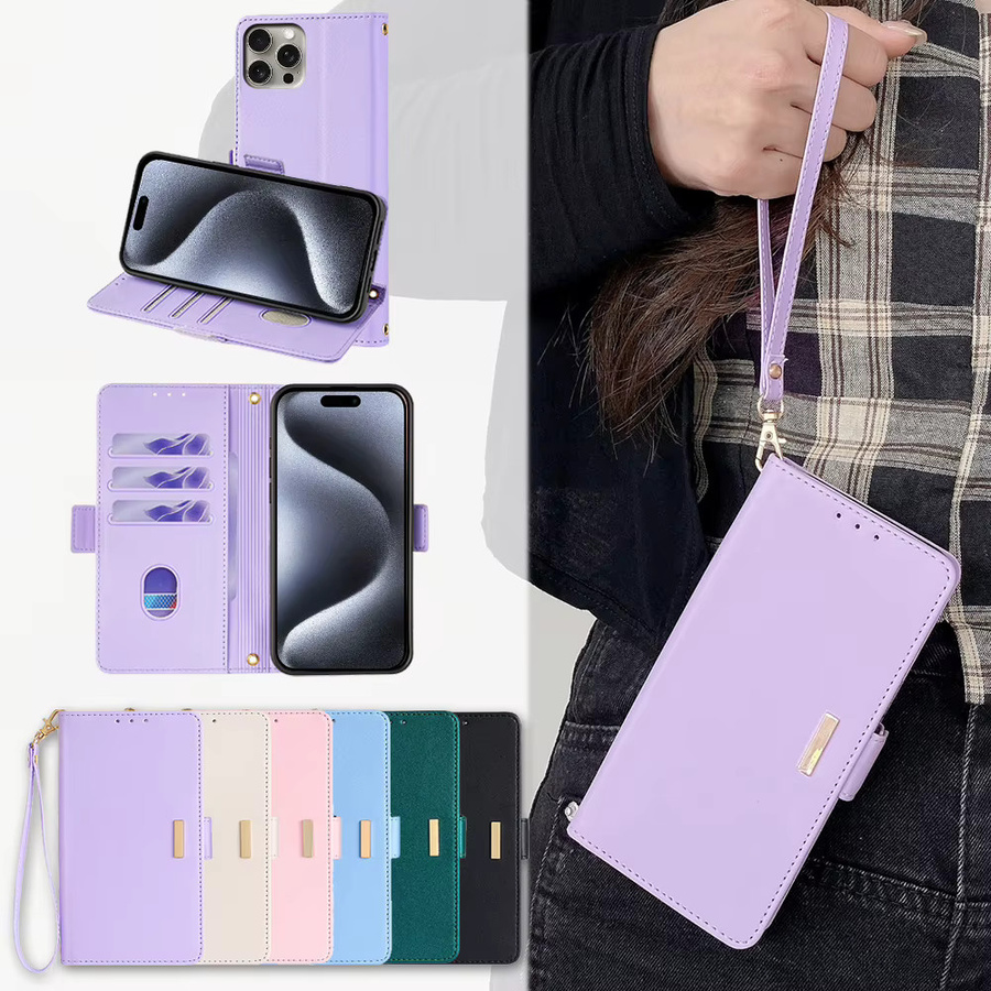 AIMONCASE Leder Flip Handyhülle für iPhone 16 Pro Max und 16 Plus mit Kartenfächern und Riemen in Pink oder Purple - Bild 4